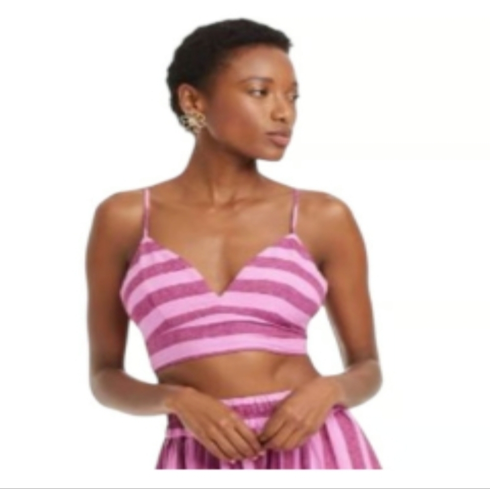 A New Day Beach Bungalow Linen Bralette Pink Berry Striped Medium